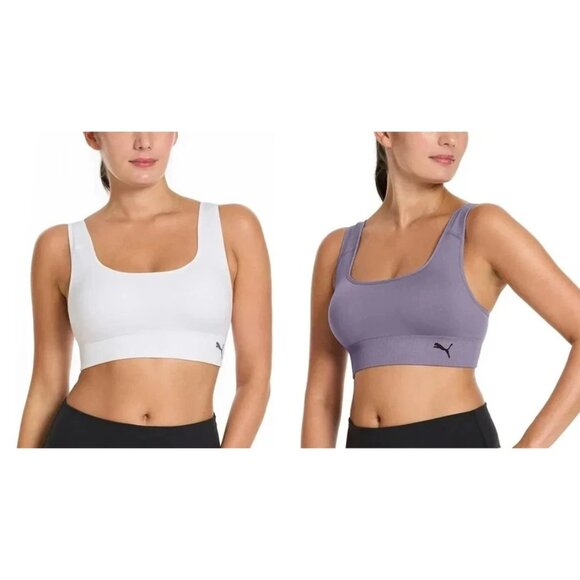 NEW Puma White Purple Women's XL 2 Pack Seamless Sports Bra Square Neck - Picture 1 of 10